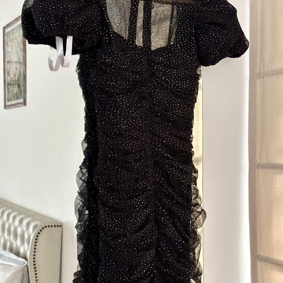 Miss selfridge, black, ruched, glitter dress with puff sleeve, UK6, with tags - Picture 5 of 6